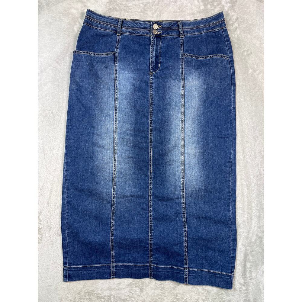 Denim Midi Skirt 18W Stretch Blue Panel Seam Pencil Back Slit Casual 2XL - Picture 3 of 8